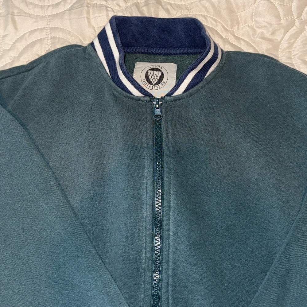 UO Green Zip-Up Bomber Sweater with Striped Collar